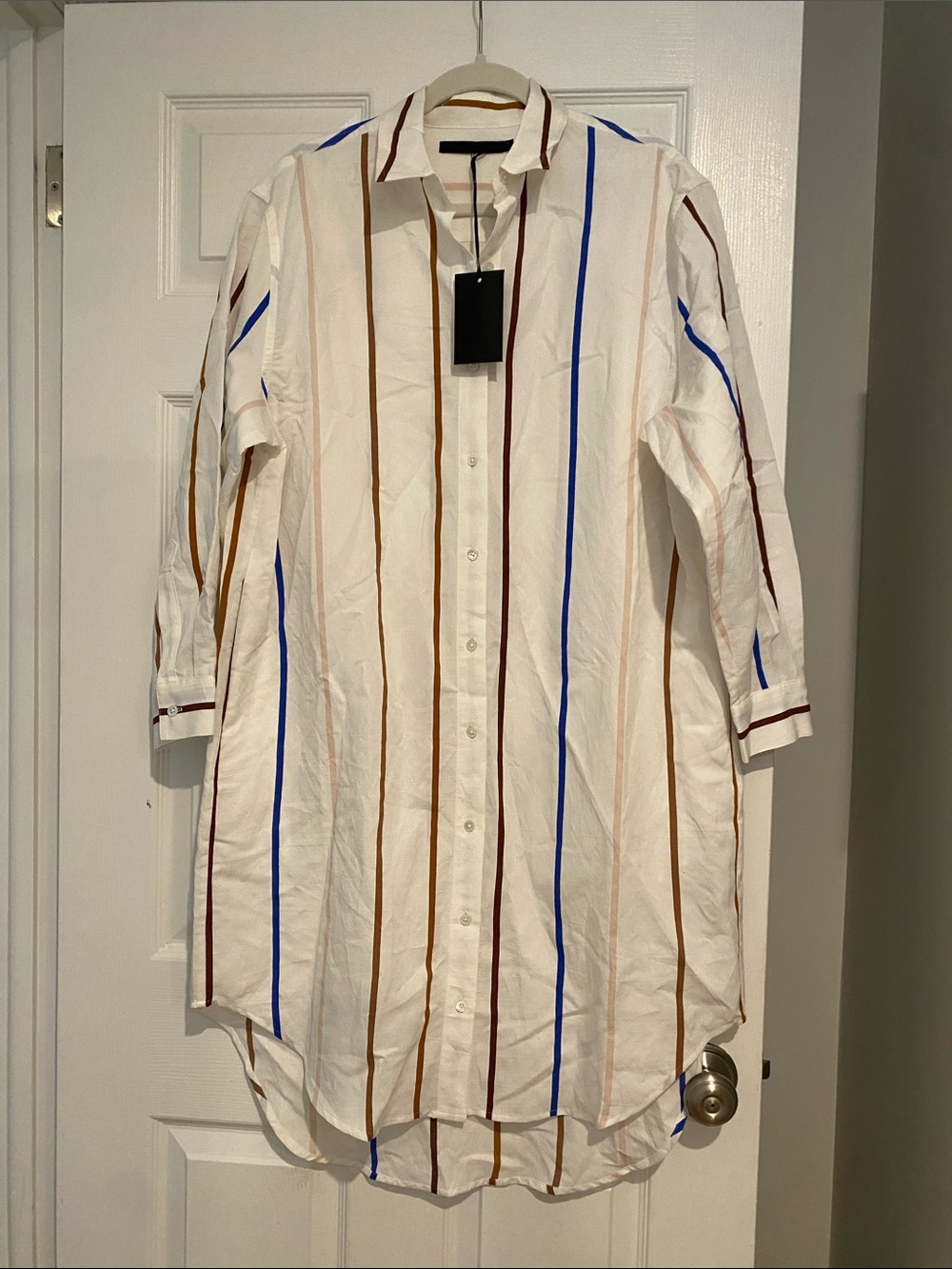 Jenni Kayne White Button-Down Shirt Dress with Blue and Brown Vertical Stripes
